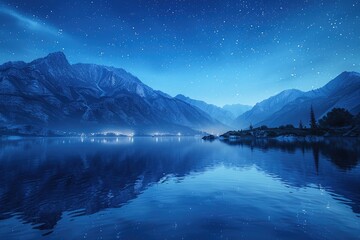 At night, the reflection of the starry sky and the lake surface