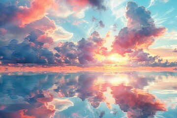 At sunset, red sunset and reflection on the lake surface
