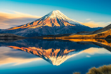 Fototapeta premium Volcanic mountain in morning light reflected in calm waters of lake.
