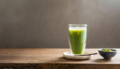 Fototapeta premium Green juice. Glass. Breakfast. Dining table. Copy space.