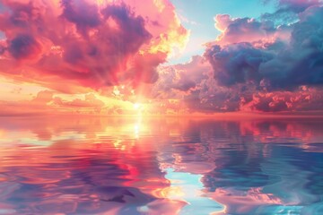 Fototapeta premium At sunset, red sunset and reflection on the lake surface