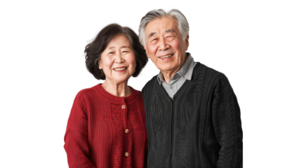 Portrait of happy senior couple smiling together, isolated on transparent background