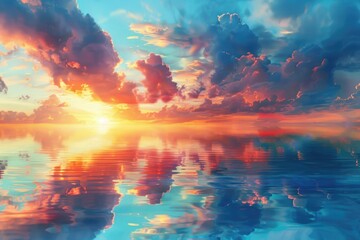 Fototapeta premium At sunset, red sunset and reflection on the lake surface