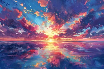 Naklejka premium At sunset, red sunset and reflection on the lake surface