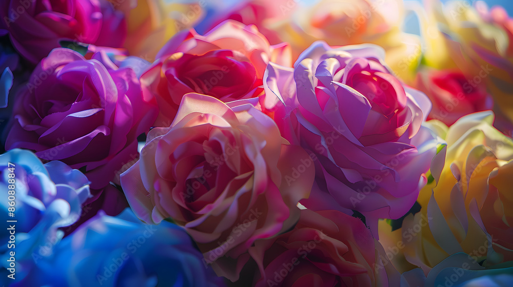 Aufkleber Selective focus of multi colour of artificial roses flowers backdrop Mixed colourful pattern texture of flora Can be used as background for display or montage products Abstract nature  : Generative AI