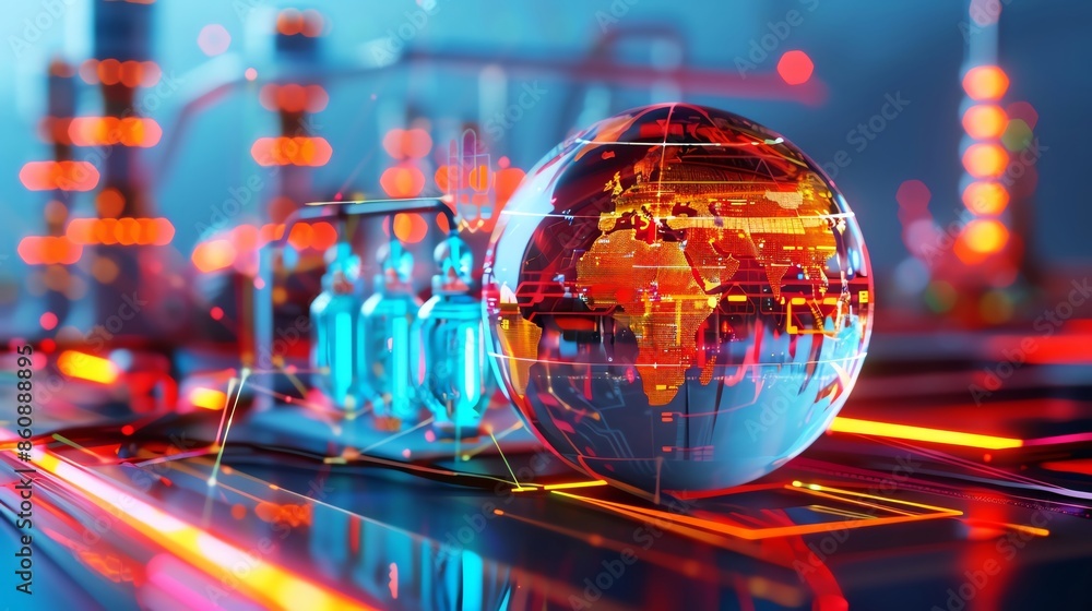 Poster futuristic concept of global technology integration featuring a digital globe and advanced data netw