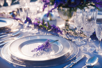 Wedding table scape, elegant formal dinner table setting, table scape with lavender decoration for...