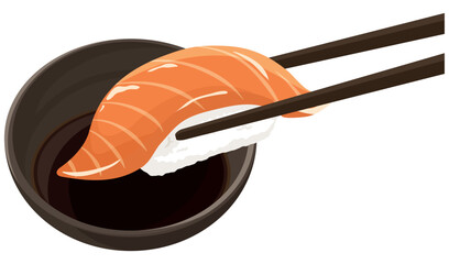 サーモンの寿司を醤油につける