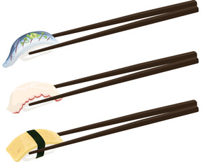 お箸で寿司をつかむ　光物　タコ　玉子