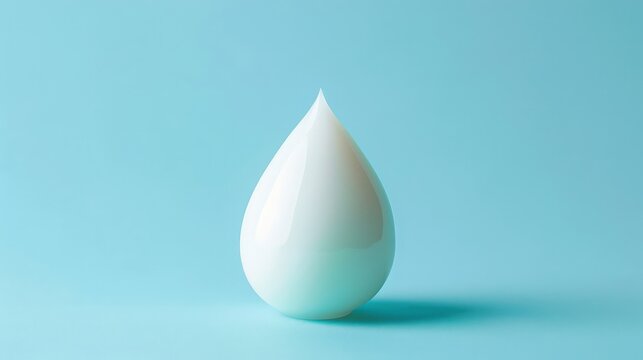 A singular, luminous drop of white primer, poised on a soft powder blue background, showcasing the foundation of flawless makeup application.