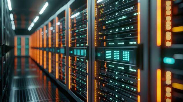 A sleek, modern data center, with lines of servers illuminated by rhythmic, glowing indicators, showcasing the physical infrastructure behind AI.