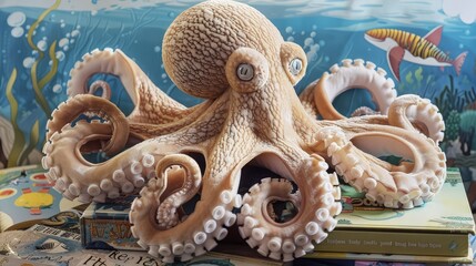 Fototapeta premium A soft, plush octopus with tentacles spread out, sitting atop a pile of children's books, with illustrations of the ocean visible in the background.