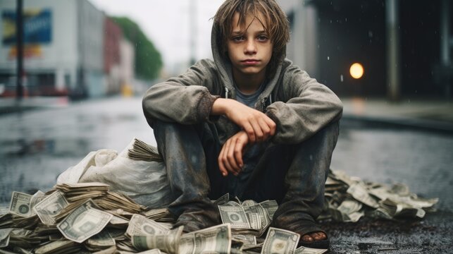 Lonely young boy sitting on top of a massive pile of cash, contemplating the hollow nature of riches