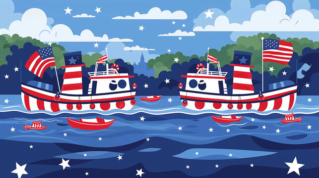 A flat design of a patriotic boat parade on a lake, US Independence Day, flat design, with copy space