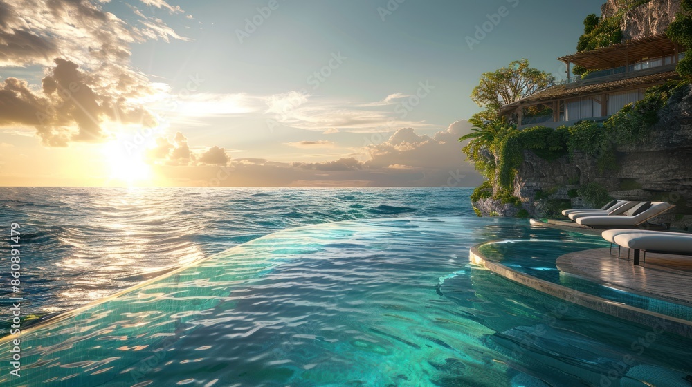 Aufkleber a beautiful ocean view with a pool and palm trees. generate ai image
