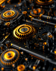 A close up of a machine with many gears and a large gear in the center