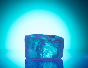 natural ice for product presentation podium background. podium made of ice with colored lighting...