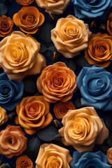 A bouquet of roses in various colors, including yellow and blue. The arrangement is vibrant and lively, with the colors complementing each other. Concept of warmth and happiness