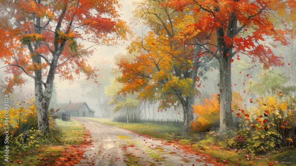 Poster a painting of a road with trees and a house in the background. generate ai image