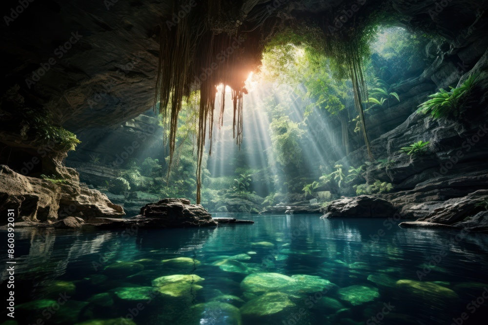 Sticker Lake in a cave nature waterfall landscape.