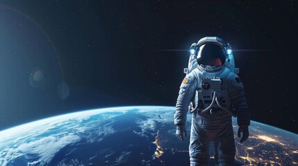 Fototapeta premium Astronaut floating in space above Earth, viewed from orbit with a starry background, symbolizing exploration and adventure.