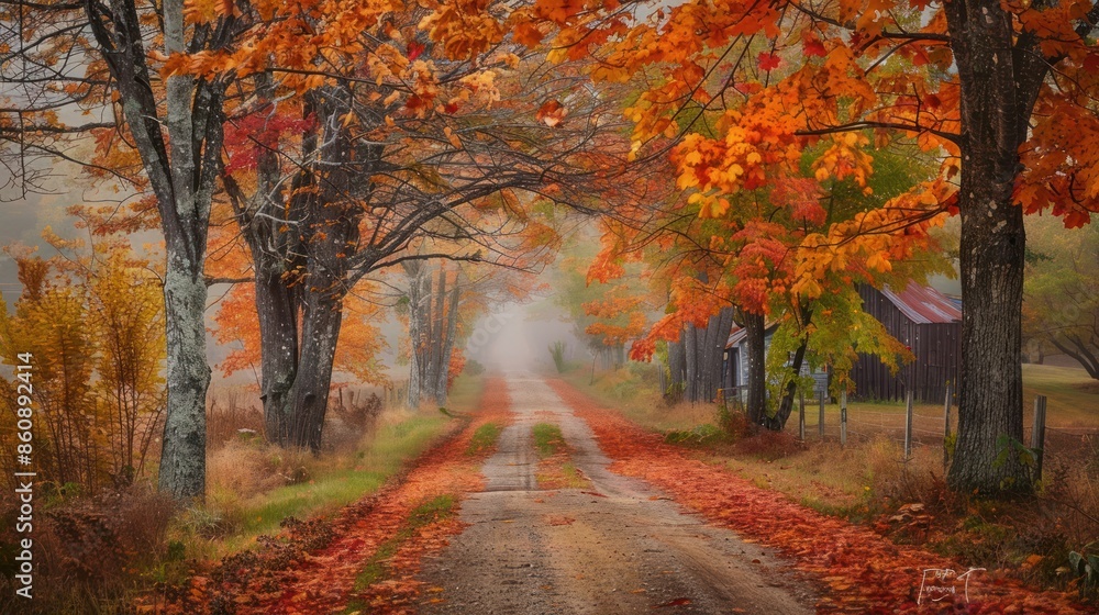 Poster a painting of a road with trees and a house in the background. generate ai image