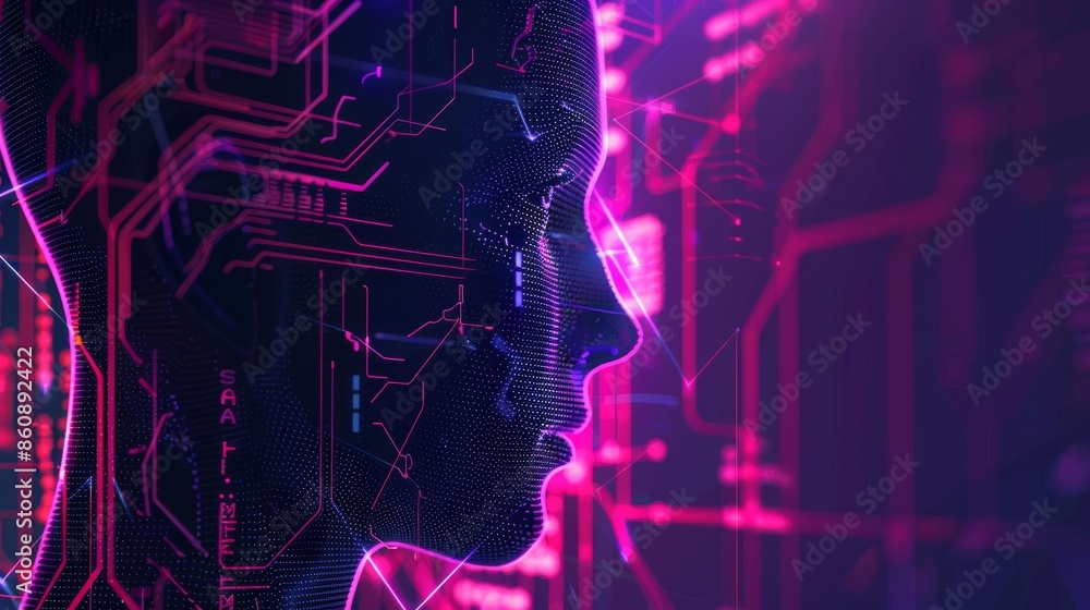 Poster a futuristic concept of artificial intelligence with a digital face in neon light and circuit patter