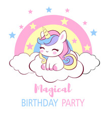 Birthday invitation card with unicorn.