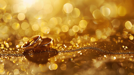 Golden sparkling glitter bokeh background with golden wedding rings and copy space Shallow focus : Generative AI