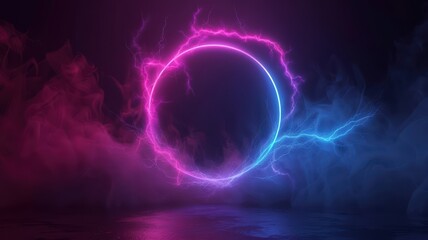 Fototapeta premium Neon Glowing Circle with Electric Lightning and Colorful Smoke in Dark Abstract Background