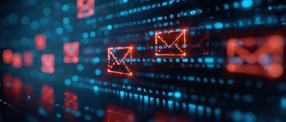 Obraz premium Futuristic Digital Communication Concept with Glowing Email Icons and Binary Code Background