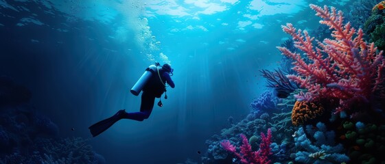 Scuba Diver Exploring Vibrant Coral Reef Underwater in Crystal Clear Ocean