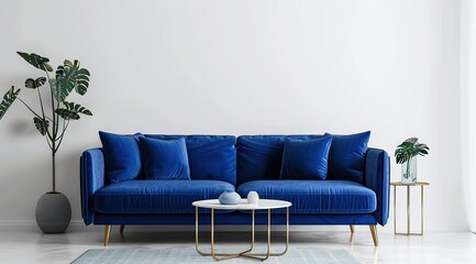 Modern minimalist living room interior mockup with white wall, blue couch, and table. French country home decor in neutral tones.