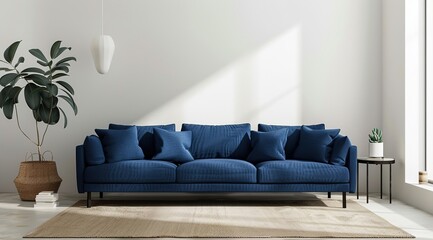 Modern Minimalistic Living Room with Blue Sofa and Beige Carpet Against White Wall, Contemporary Interior Design Concept