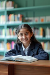 Back to School. Portrait of smiling schoolgirl sitting at desk in library and reading book.