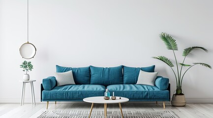 Modern minimalist living room interior mockup with white wall, blue couch, and table. French country home decor in neutral tones.