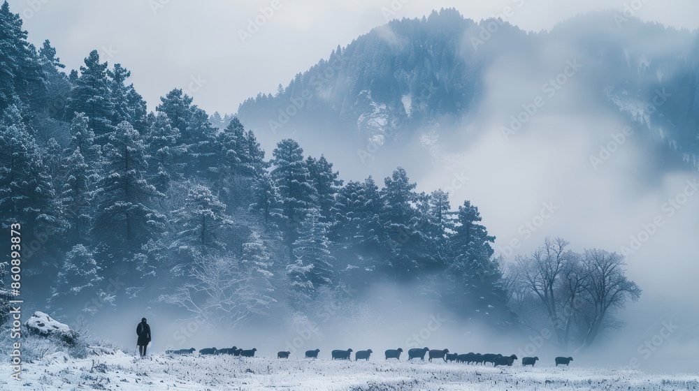 Poster a group of people are walking through a snowy field with a herd of sheep. generate ai image