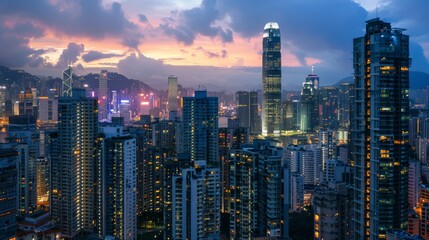 Modern city skyline at dusk with glowing building windows