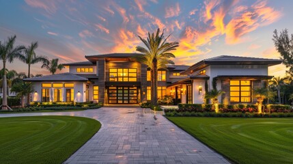 Fototapeta premium Modern luxury home facade with a manicured lawn and driveway at sunset