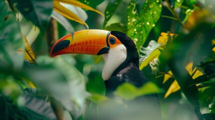 Fototapeta premium Close-up of a toucan with its striking beak, nestled among vibrant green leaves in a tropical forest, showcasing natural beauty