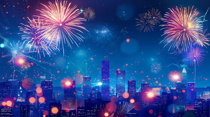 A vibrant fireworks display lighting up the night sky over a city skyline, US Independence Day, celebration, hd, colorful with copy space