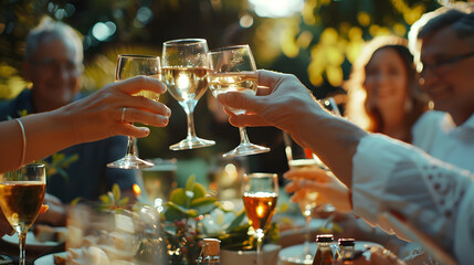 Guests at an outdoor lunch raising their glasses in a toast : Generative AI