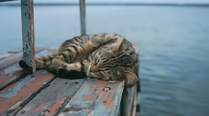 Obraz premium A cat is sleeping on a wooden dock by the water. Generate AI image