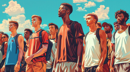 A group of diverse young men stand together outdoors, looking towards the horizon. The image evokes a sense of unity and hope.
