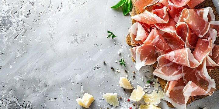 Slices of prosciutto di parma or jamon serrano on white background with texture