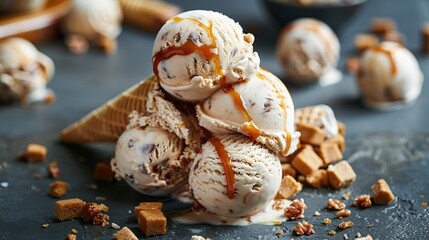 Caramel Ice Cream with Toppings and a Waffle Cone
