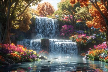 Fototapeta premium Beautiful Paradise Land with Flower and Waterfall created with Generative AI