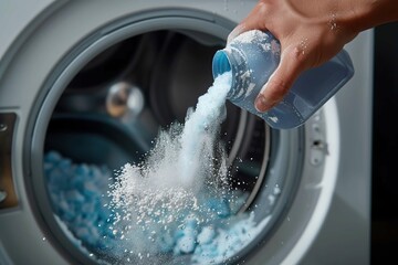 Pouring detergent powder into washing machine