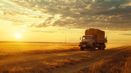 Fototapeta premium A large truck is driving through a field of golden wheat. Generate AI image