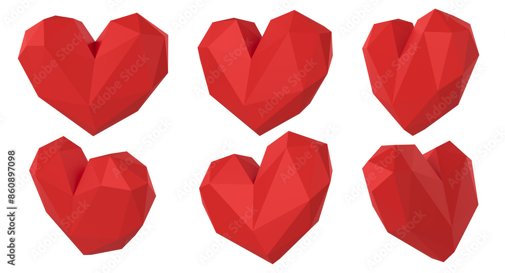Wall mural set 3d red heart object isolated on white background for decoration. 3d render illustation.